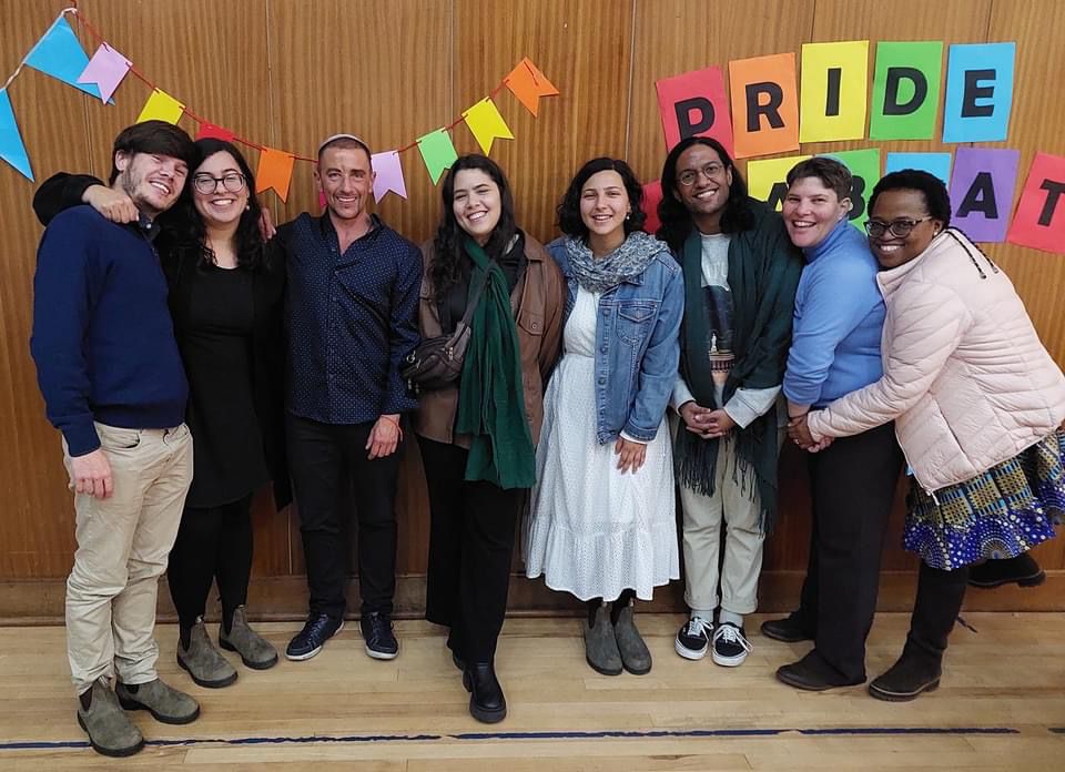 Shaan Knan (third from left) with members of the Temple Israel community at Pride Shabbat